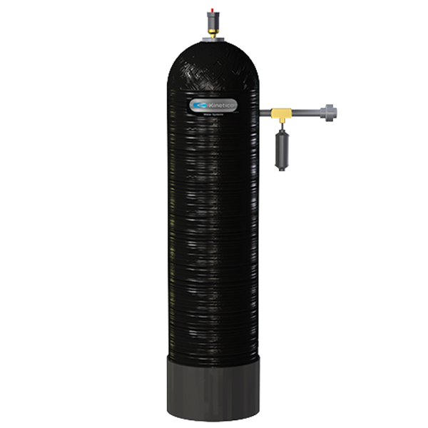 Black water filter tank with a gray base and a yellow valve.
