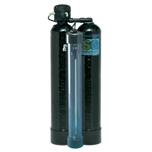 Water filtration system with black tanks and a clear UV light housing.