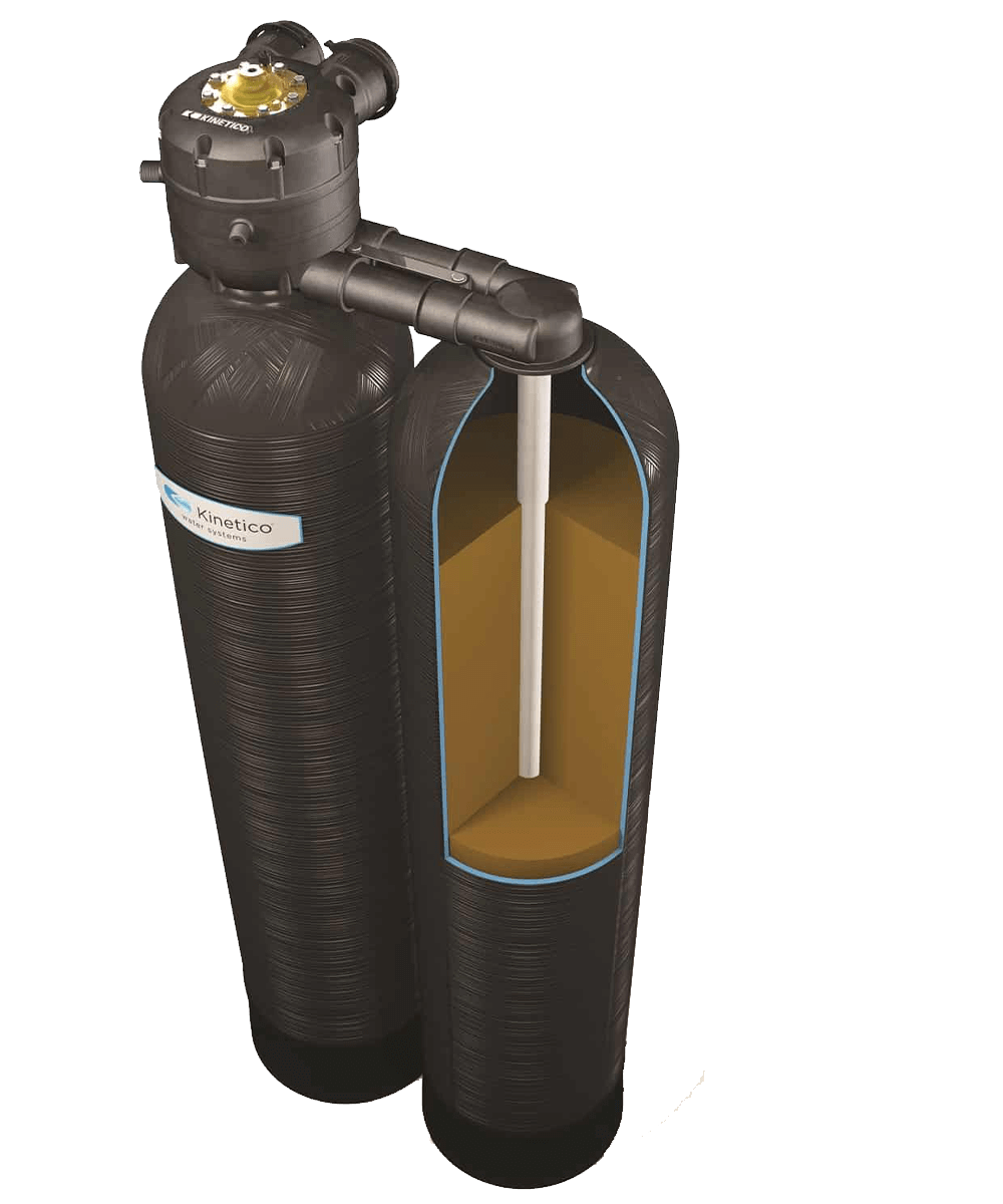 Water softener system, a tall black tank with a cutaway showing filter media and a connected control unit.