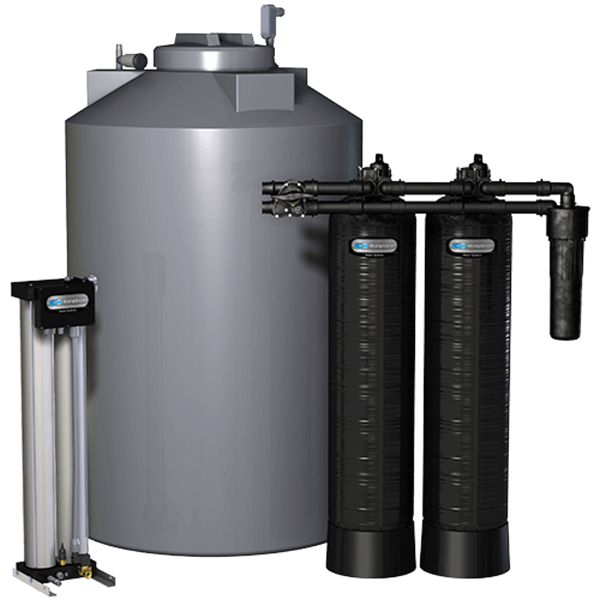 Water filtration system with large gray tank and black filtration columns.