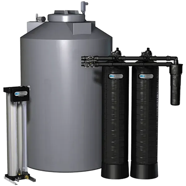 A water filtration system. A large gray tank with black filters and a smaller silver filter.