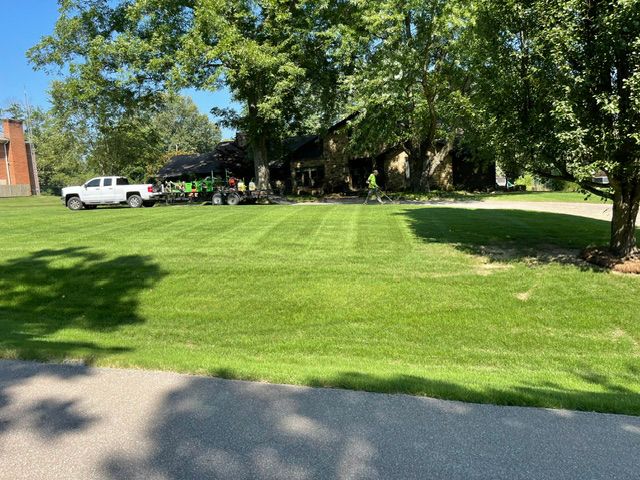 A lush green lawn with a few vehicles parked in the background.