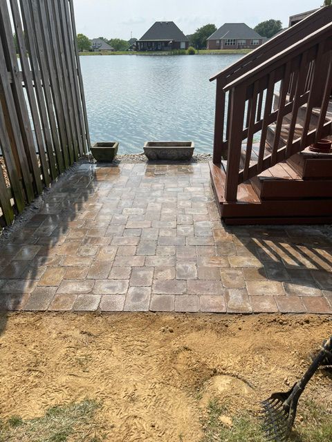 A lush green lawn is surrounded by trees and a telephone pole.