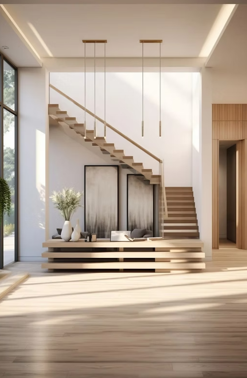 Modern minimalist foyer with floating staircase, wood accents, large windows, and soft natural light