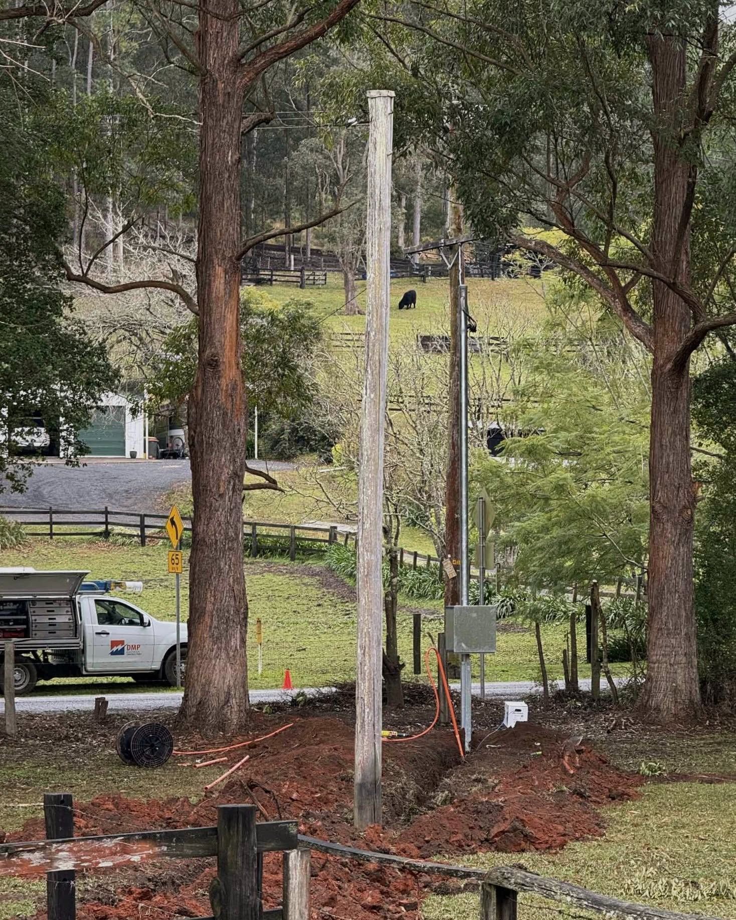 Tall White Utility Pole Being Installed in A Wooded Yard — DMP Electrical Contractors In Muswellbrook, NSW