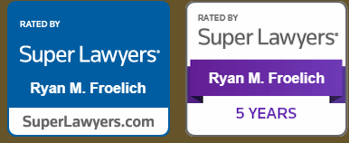 Two Super Lawyers badges: One blue, one purple; both feature 