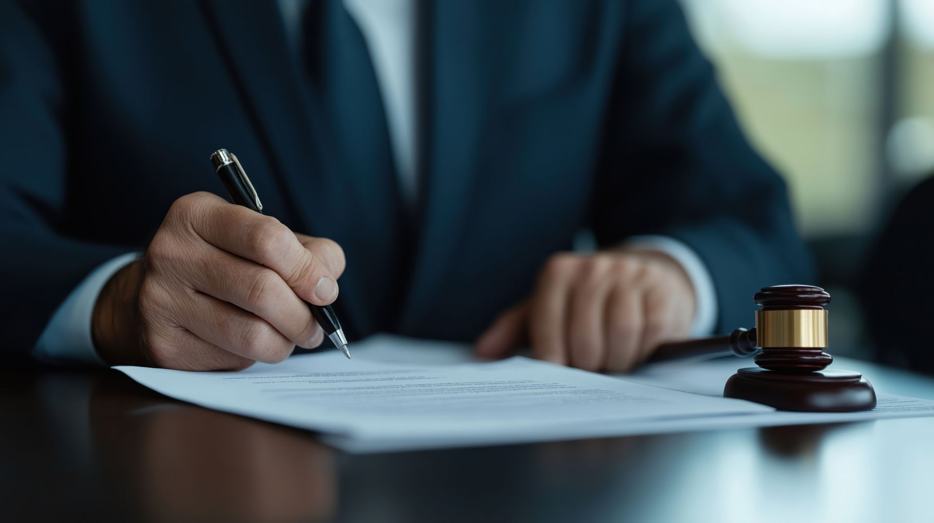 Professional personal injury lawyer signing legal settlement documents with a judge's gavel. Professional personal injury lawyer signing legal settlement documents with a judge's gavel.