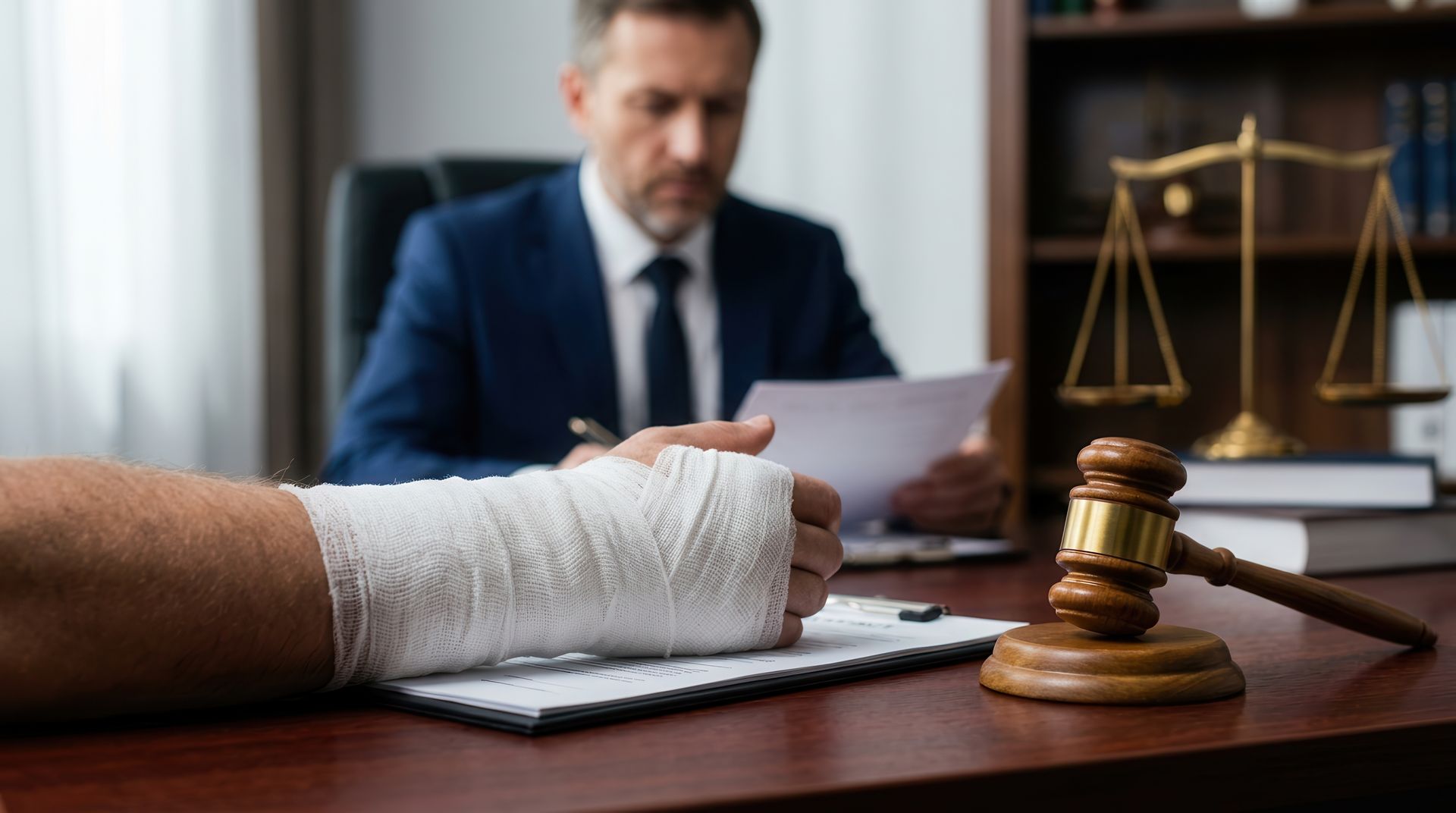 A bandaged hand resting on legal papers next to a gavel, with an attorney in the background.