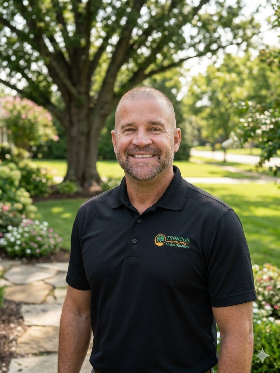 Man with short hair and a beard smiling, wearing a grey polo shirt with a logo.