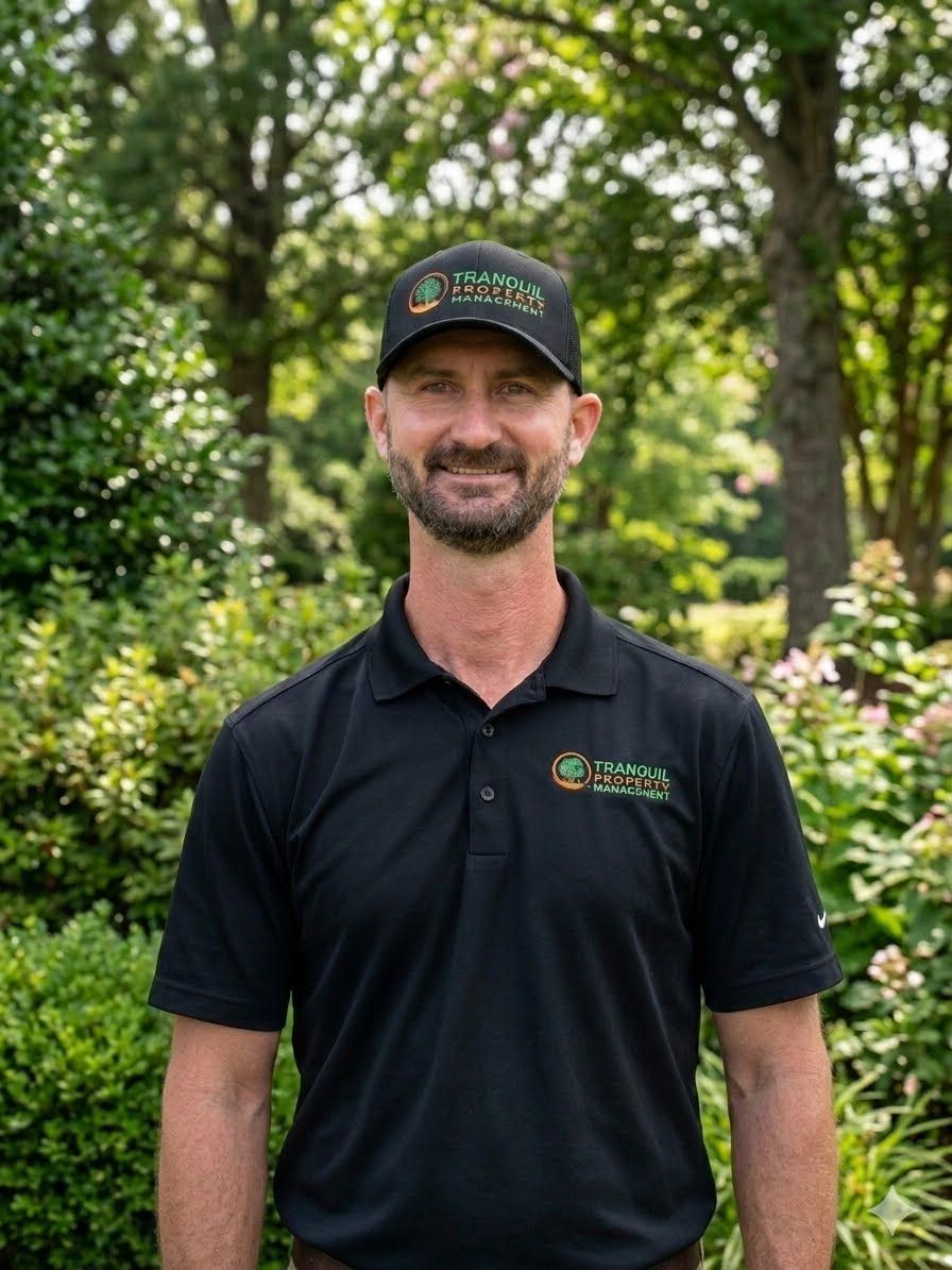Man in gray polo shirt and cap smiles in front of a company logo with a green tree.