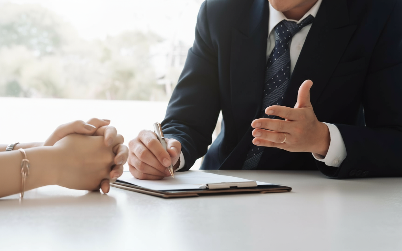 Person in suit gesturing, interviewing another person sitting across the table with hands clasped. Clipboard visible.