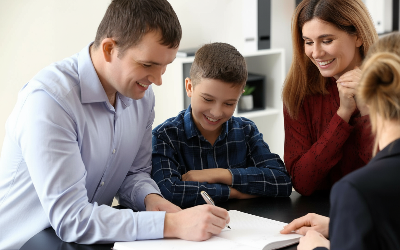 Family smiling, watching a boy sign a document at a desk with an advisor.