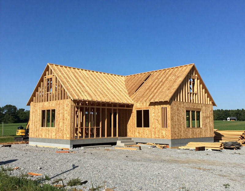 Custom home framing under construction in rural Michigan