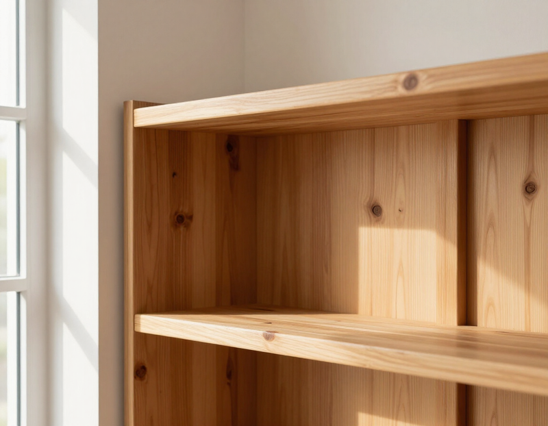 Custom built-in shelving with crown trim in a finished interior