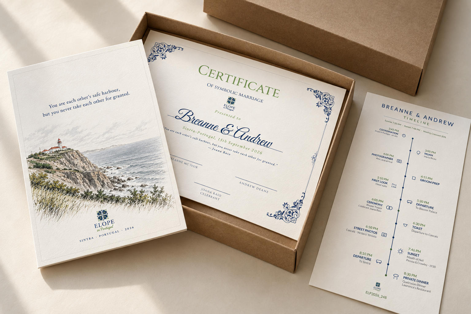 Kraft Keepsake Box with an illustrated ceremony book back cover, symbolic marriage certificate and personalised wedding timeline