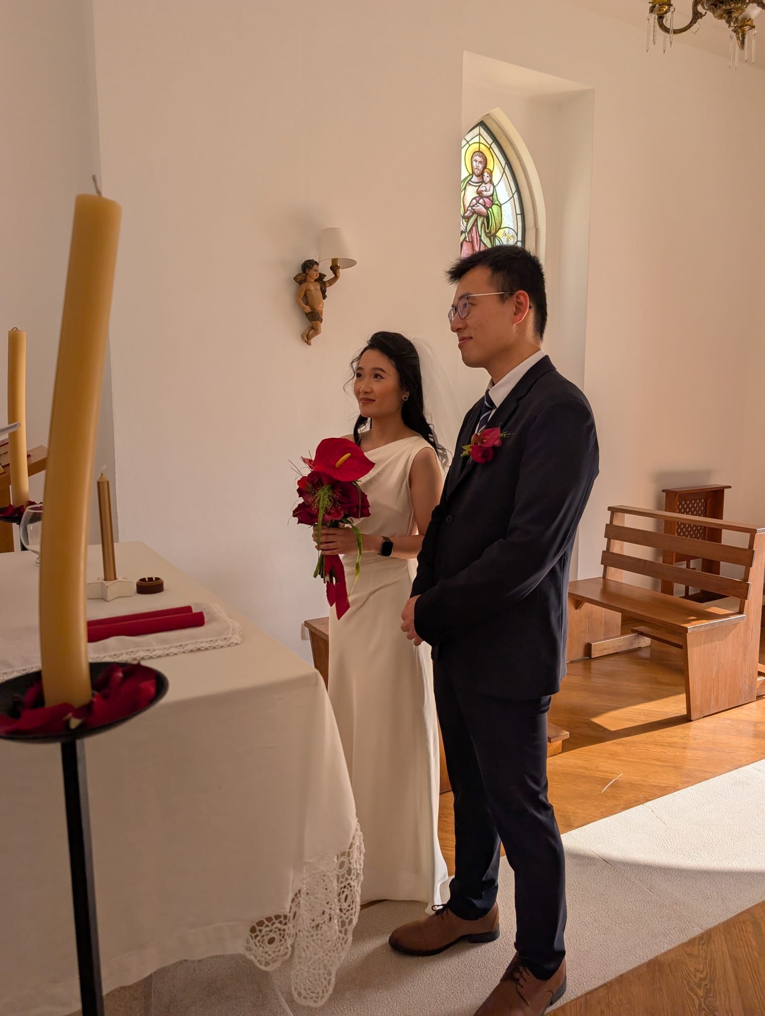 Gay couple exchanging rings.