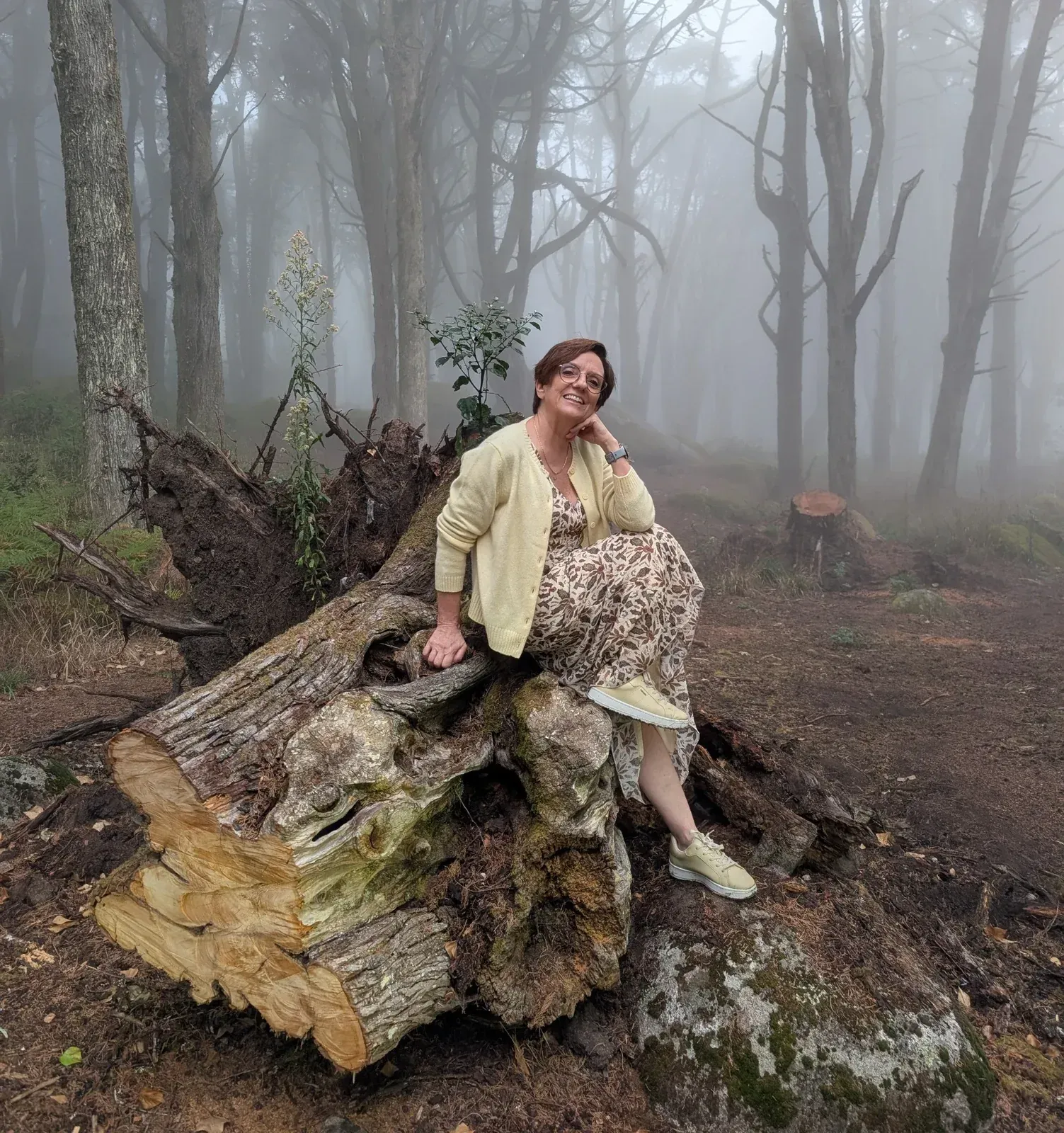 Anabela Lança sorri, sentada num tronco de árvore caído na floresta de Sintra, envolta em nevoeiro.
