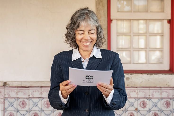 Celebrant smiling while reading a wedding ceremony card with the Elope in Portugal logo.