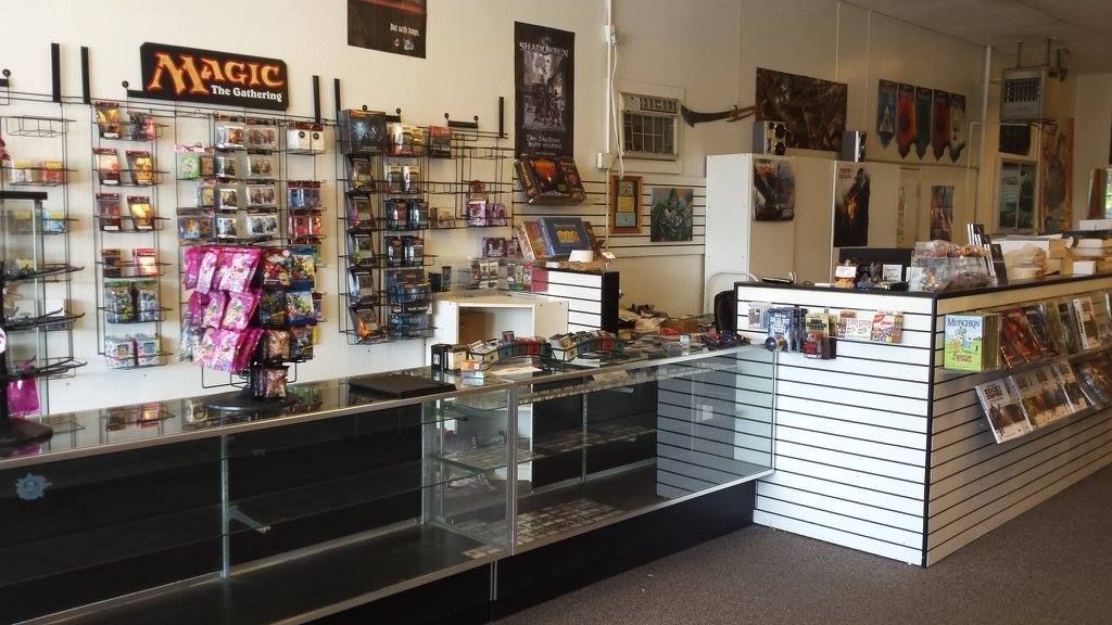 Interior of a hobby store featuring glass display cases.
