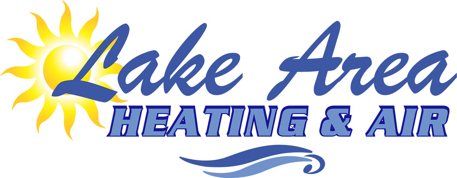 Logo for Lake Area Heating & Air with a sun and waves, text is blue on a white background.