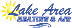 Home Logo for Lake Area Heating & Air with a sun and waves, text is blue on a white background.