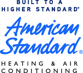 American Standard logo: Blue cursive text over black text