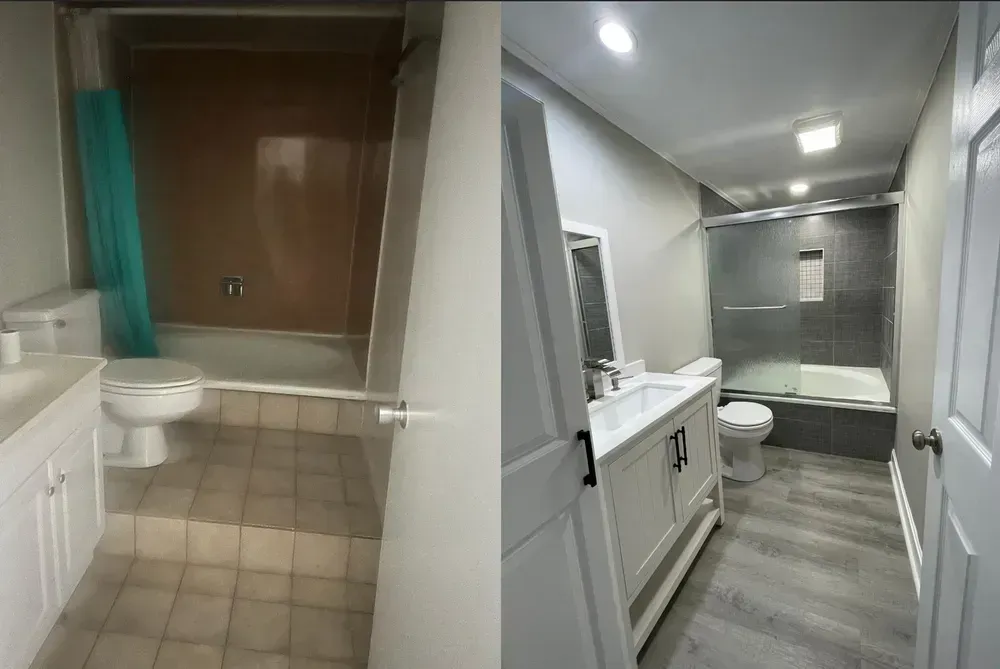 Two pictures of a bathroom before and after being remodeled.