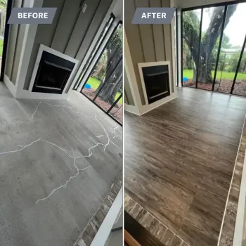 A before and after photo of a living room with a fireplace.