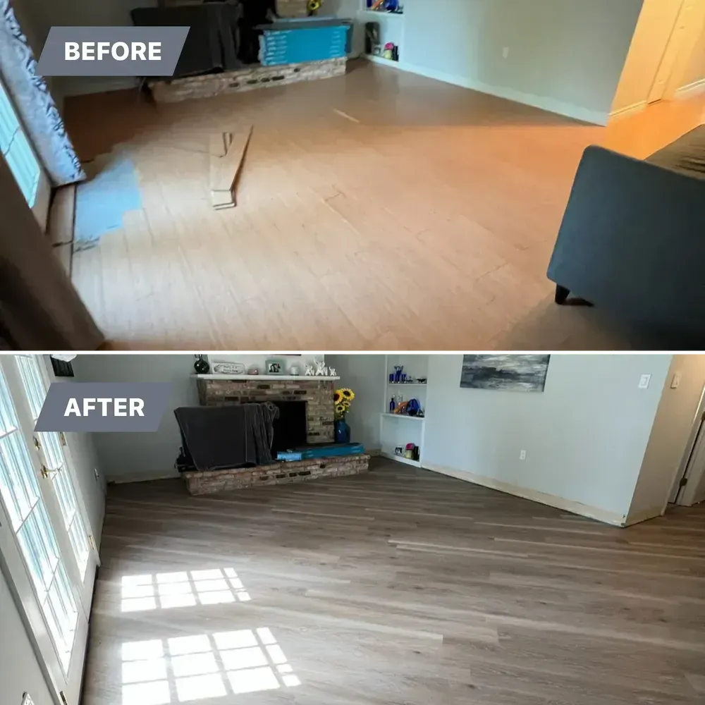 A before and after photo of a living room with hardwood floors.