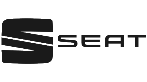 Un logo del sedile in bianco e nero su uno sfondo bianco.