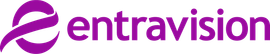 The logo for entravision is purple and white on a white background.