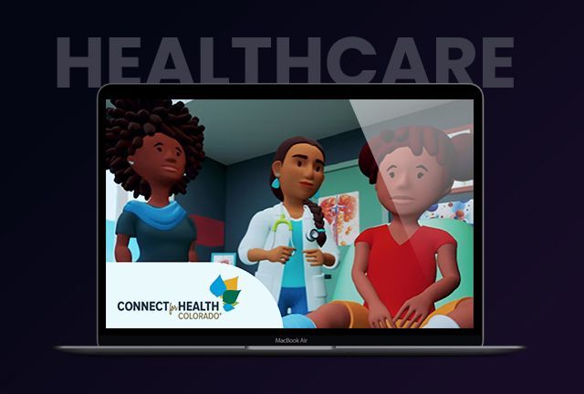 A laptop screen shows a cartoon of a doctor and two children.