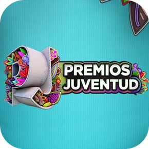 Premios Juventud logo on a turquoise background with colorful 3D lettering and a trophy graphic