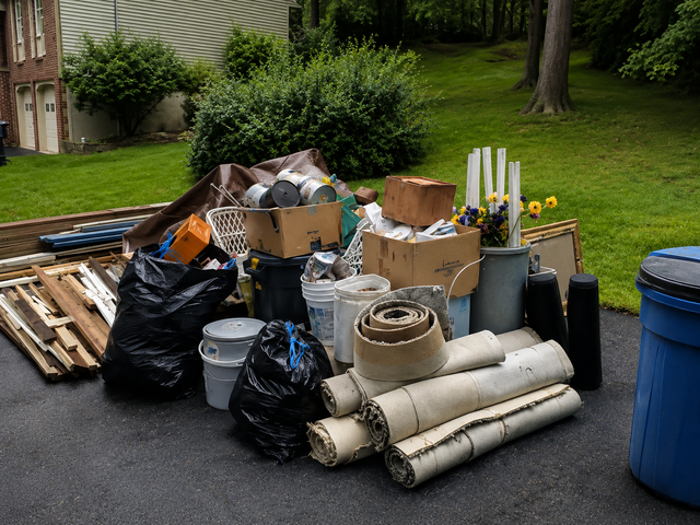 Trash and bulky waste piled on a driveway beside a blue recycling bin and lawn.