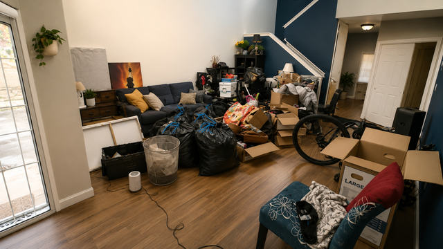 Cluttered living room with piles of bags, boxes, furniture, and a bicycle on the floor