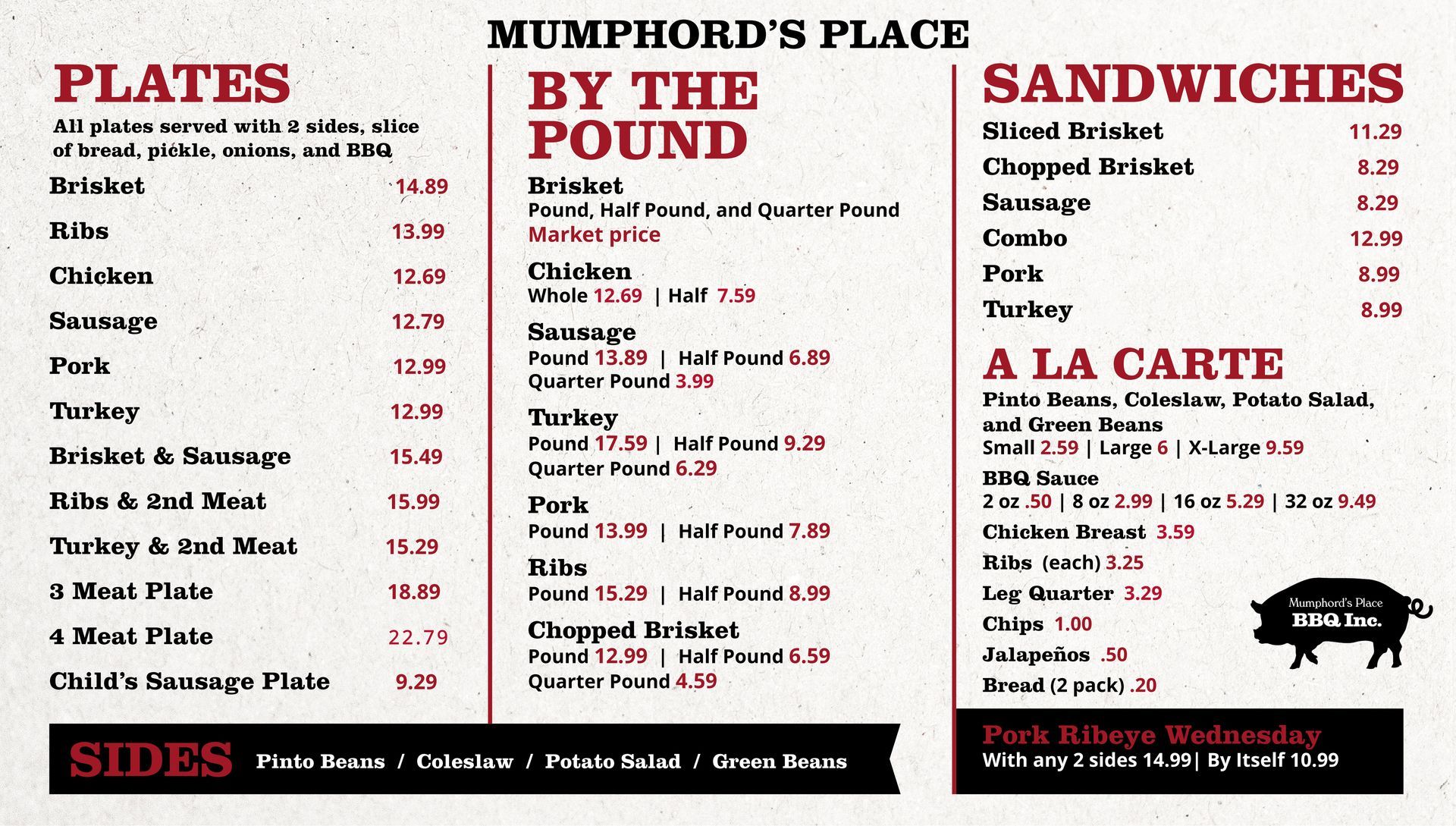 Restaurant menu with plates, sandwiches, sides, and a black banner reading “Mumphord’s Place By The Pound”