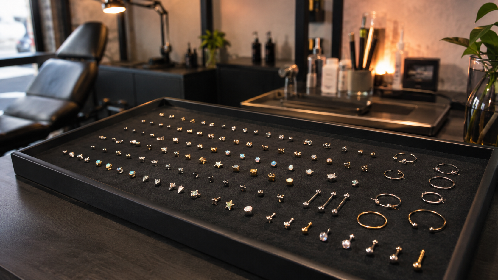 Ear piercing jewelry display with studs, hoops, and cartilage pieces inside a professional Evansville studio.