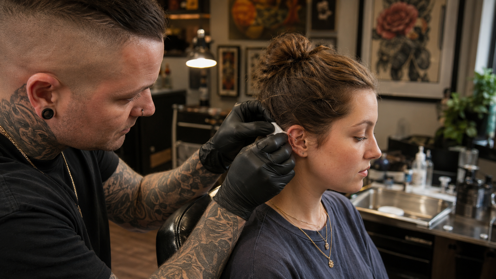 Professional ear piercing appointment with a piercer preparing a client's ear in a studio