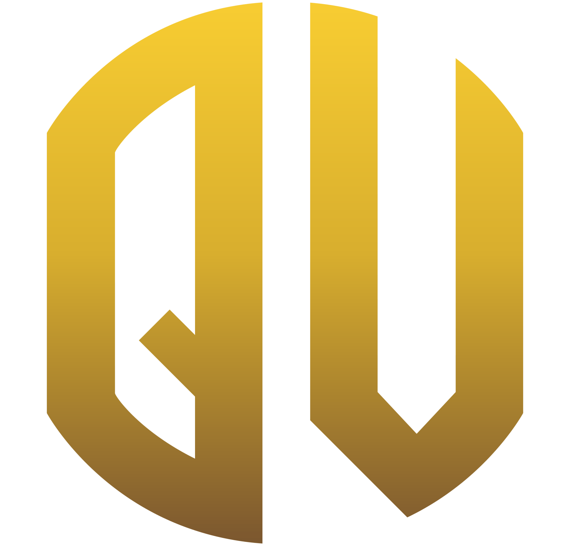 A gold letter q and u logo on a white background.