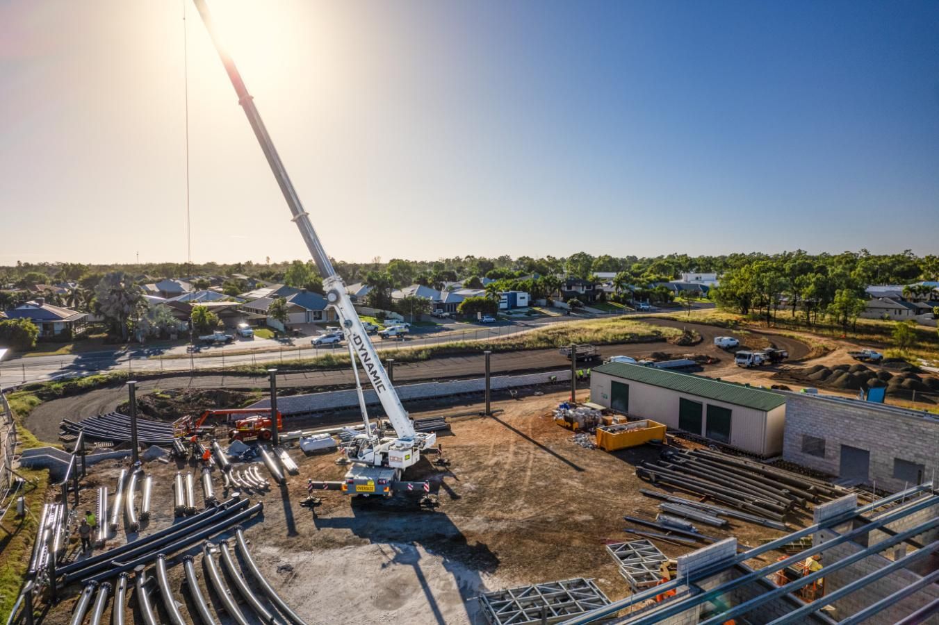 An Aerial View Of A Construction Site With A Large Crane — Dynamic Crane Hire In Middlemount, QLD