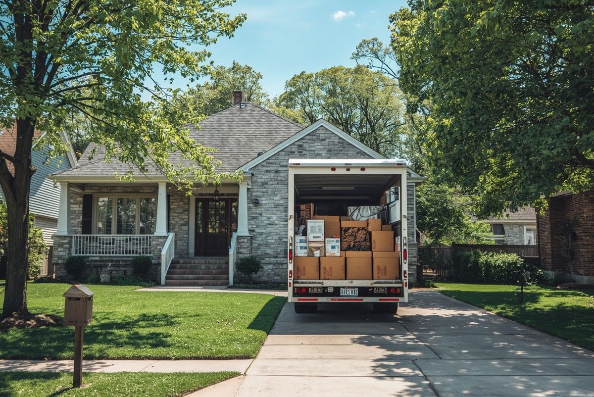 Moving truck loaded with boxes parked in front of a small house on a tree-lined street