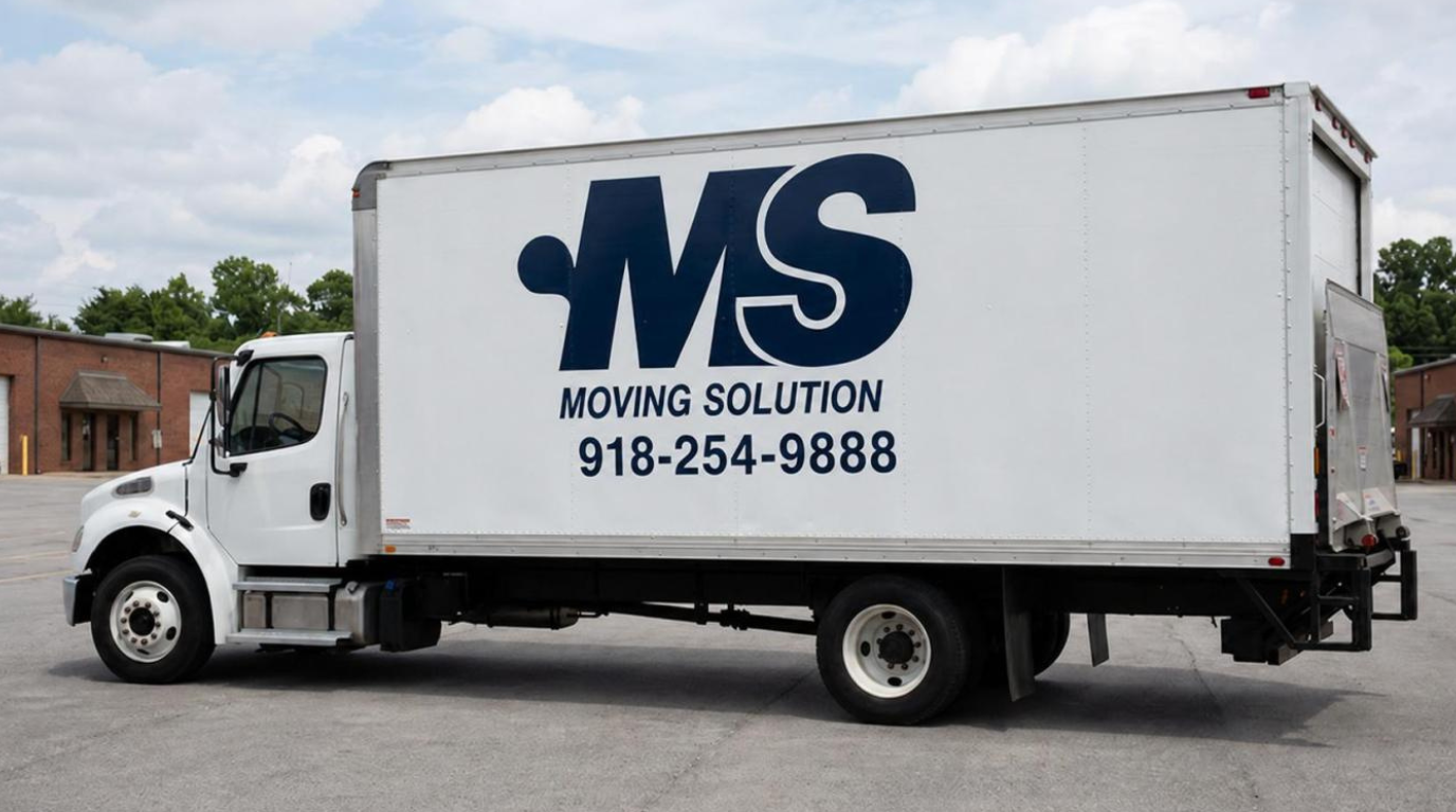 White moving truck with “MS Moving Solution” logo and phone number on the side.