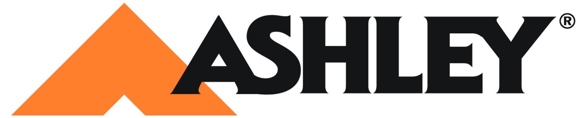The Ashley furniture brand logo, featuring an orange triangle emblem to the left of the black text