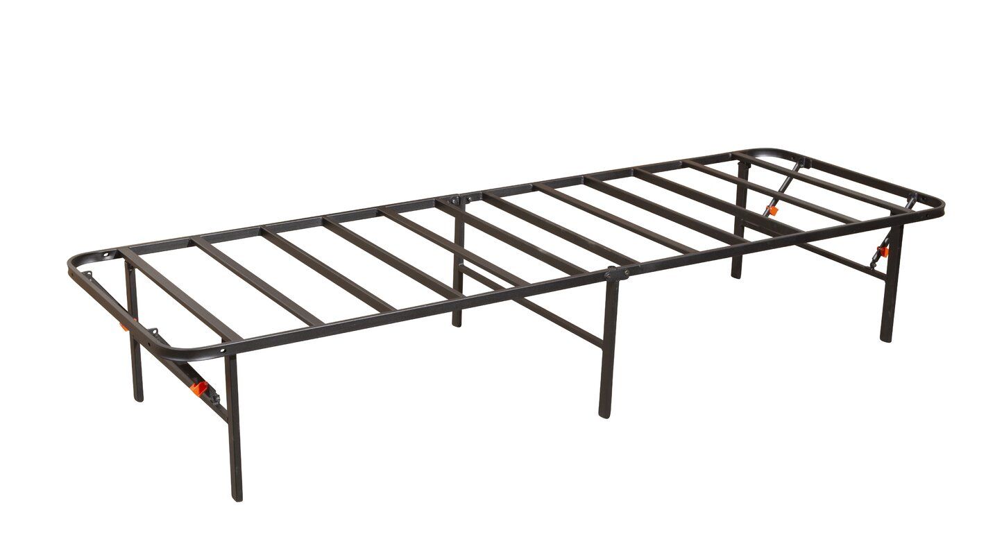 A dark metal bed frame with thin, evenly spaced support slats and foldable legs.