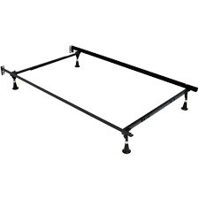 A black metal adjustable bed frame with four support legs and headboard attachment brackets on a white background.
