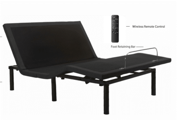Black adjustable bed base with a foot retaining bar, shown with a wireless remote control on a white background.