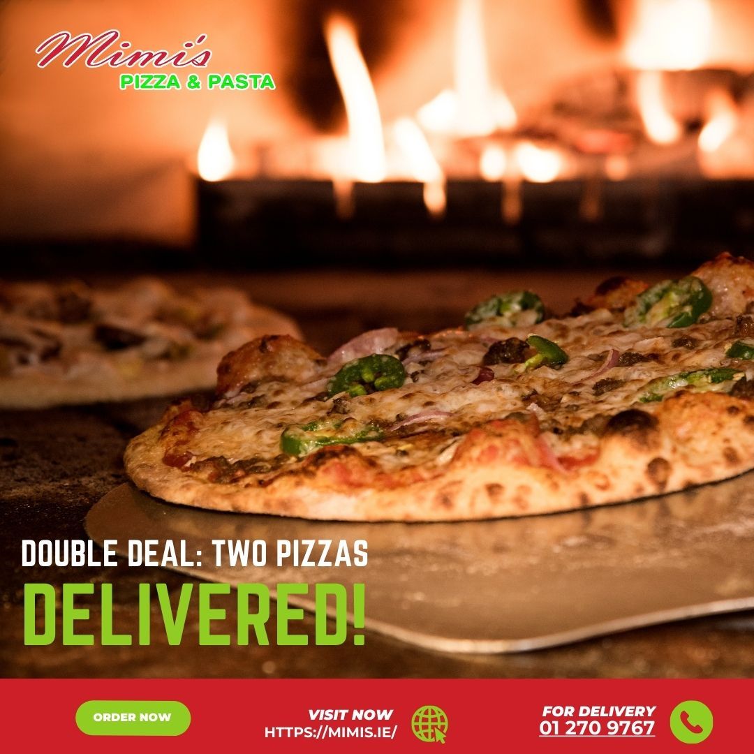 A pizza is sitting on a peel with the words double deal two pizzas delivered