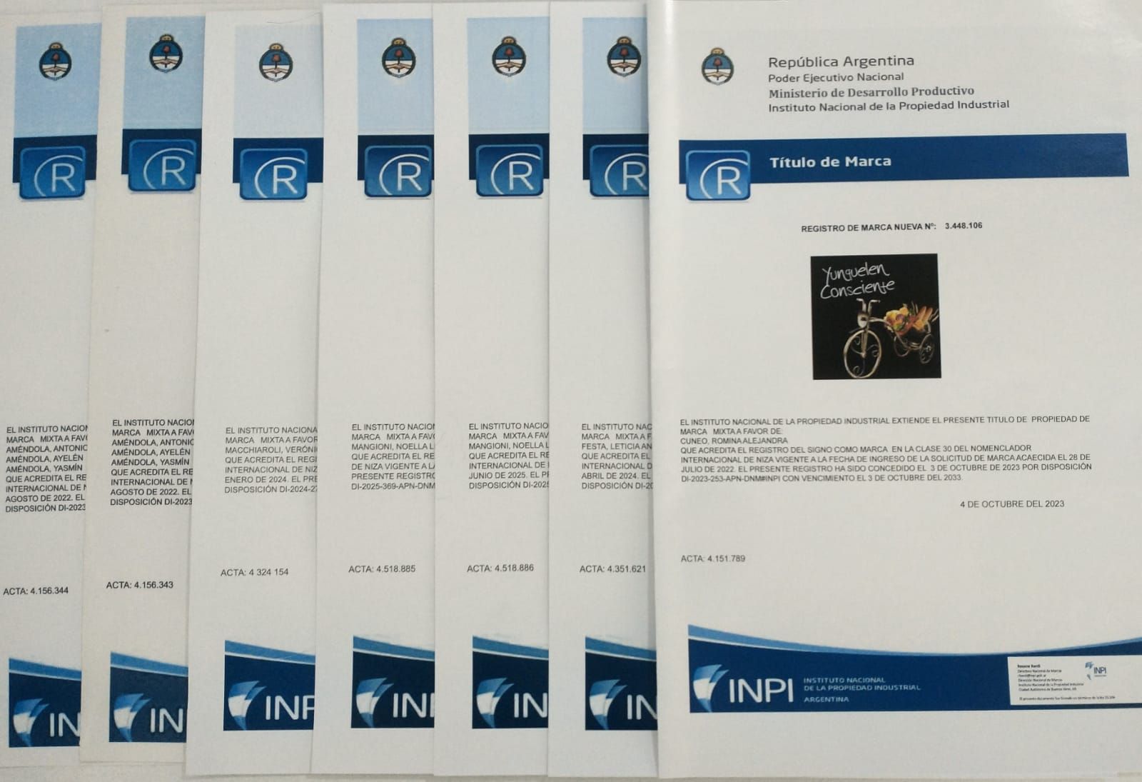 Pila de informes y folletos de investigación blancos y azules con una cubierta de libro oscura a la derecha.