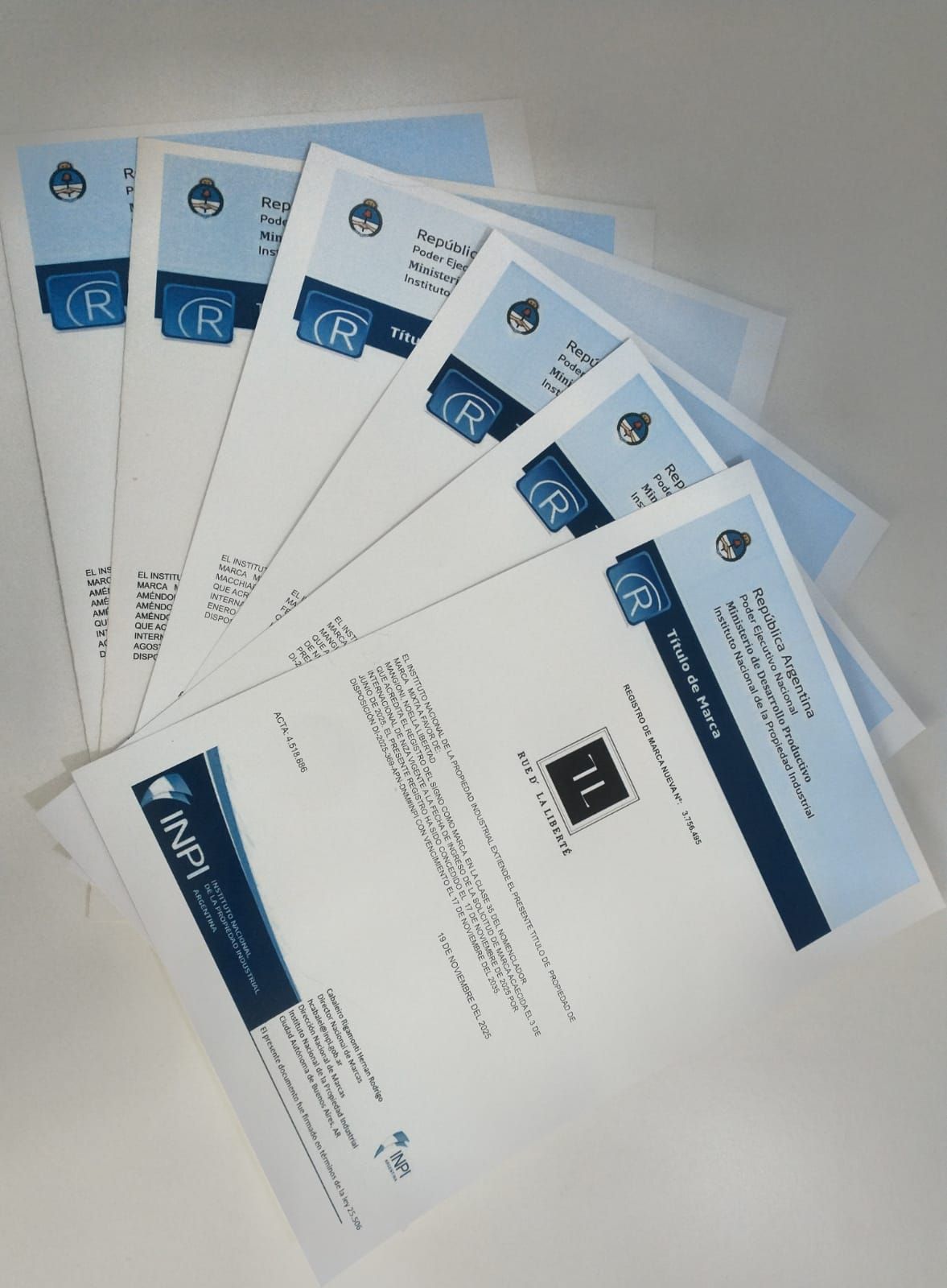 Una pila de documentos impresos en blanco y azul se extendía sobre una superficie clara.