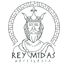 Logotipo en blanco y negro de una figura barbuda coronada con el texto “REY MIDAS PASTELERIA”
